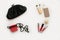 Ladies clutch handbag black, set of cosmetics lipstick, palette
