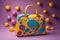 Ladies handbag on purple background with colorful balloons. generative ai