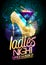 Ladies night vector illustration with gold high heeled shoes and burning cocktail.