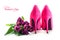 Ladies pink high heel shoes and tulips on white, for lo
