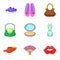 Ladies shopping icons set, cartoon style