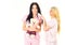 Ladies on smiling faces with plush toy bear look cute. Girlish leisure concept. Girls in pink pajamas, isolated white