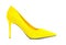 Ladies yellow suede stiletto heel shoe on white background