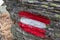 Ladinger Spitz - Path mark with Austrian flag painted on a rock in a scenic forest near Ladinger Spitz, Saualpe, Carinthia