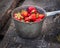 A ladle of ripe strawberries from the rustic garden on old boards