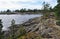 Ladoga lake bay Skerry in Russian Karelia. stone Islands with pine trees Summer