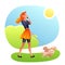 Lady with animals in park flat vector illustration