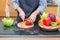 Lady chef preparing ingredient to make salad