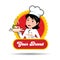 The lady chef smiles in the pose of carrying the dish. Happy chef cooks with a hat isolated from white. Vector illustration.
