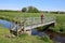 Lady in countryside on metal footbridge over river