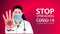 Lady doctor using mask with open hand doing stop covid-19 or coronavirus sign with serious and confident expression, vector