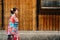 Lady with flower pattern kimono walking