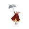 Lady flying with umbrella. Woman in raincoat, hat and scarf. Autumn season. Windy weather. Trendy vector design