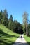 Lady on footpath under chairlift, Bled, Slovenia