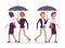 Lady and gentleman walking together under umbrella, rear, front view