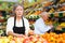 Lady greengrocer worker and old man customer in salesroom