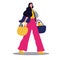 Lady with groceries walking with bag. Vector drawing illustration retail shopper