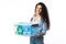 Lady Holding Box With Plastic Litter For Recycling, White Background