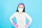 Lady house wife maid in face mask,latex gloves on hands, crazy bad mood dirty messy flat wear headband pink shirt isolated blue