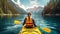 Lady kayaking in lake with beautiful landscape. Generative AI