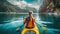 Lady kayaking in lake with beautiful landscape. Generative AI