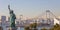 Lady liberty juxtaposed against Rainbow Bridge in Tokyo, Japan