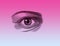 Lady`s eye decorative element in black on iridescent grey purple background. Illustration, vector, web design, eyesight, vision.