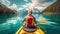 A Lady\\\'s Kayaking Adventure amidst a Breathtaking Lake Landscape. Generative AI