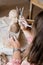 Lady sculptor working in her studio, ceramis artist`s hands