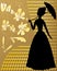 Lady silhouette with golden vintage flowers on golden grid