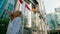 Lady Walks along EU Flags to European Parliament Office in Brussels, Belgium