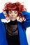 Lady woman with gorgeous red, fiery hair. Posing. White background in studio