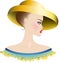 Lady in yellow hat and dress with ruches