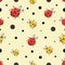 Ladybird. Vector cartoon character pattern, background. Cute red and yellow ladybugs on a light background