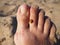 A ladybug beetle crawls on its toes. Women's foot on the background of beach sand. Healthy nail without onychomycosis