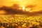 Ladybug in flight above field of yellow dandelions at sunset. Concept spring summer.