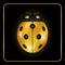 Ladybug gold insect small icon. Golden metal lady bug animal sign, on black background. 3d volume bright design