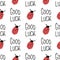 Ladybug and Good luck hand drawn lettering on white seamless vector pattern. Cute ladybug, Good Luck quote repeating