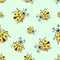 Ladybug, ladybird. Pattern. Vector cartoon character. Cute yellow ladybugs on a light green background.