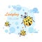 Ladybug, ladybird. Vector cartoon character. Emblem. Cute yellow ladybugs on a background of the sky with clouds.