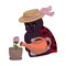 Ladybug in a straw hat waters a pink flower in a pot from a watering can