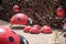 Ladybugs made of wood. Wooden sculptures in the park. Thann. France.