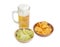 Lager beer and various potato chip in two ceramic bowls