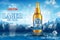 Lager light beer ads. Realistic premium beer in glass bottle on ice cubes and snow mountain background. 3d Vector