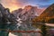 Lago di Braies lake and Seekofel peak at sunrise, Dolomites. Italy