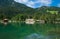 LAGO DI DOBBIACO, ITALY - SEPTEMBER 1, 2023: Beautiful view of Toblacher see on sunny day of september