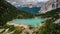 Lago di Sorapiss,beautiful mountain lake in Dolomite Alps,Italy.Turquoise color water is dust from the glacier.Limestone peaks,