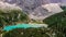Lago di Sorapiss,beautiful mountain lake in Dolomite Alps,Italy.Turquoise color water is dust from the glacier.Limestone peaks,