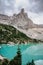 Lago di Sorapiss,beautiful mountain lake in Dolomite Alps,Italy.Turquoise color water is dust from glacier.Limestone peaks,canyons