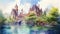 Lagoon Of Germany: Watercolor Painting Illustration Of A Castle On A River